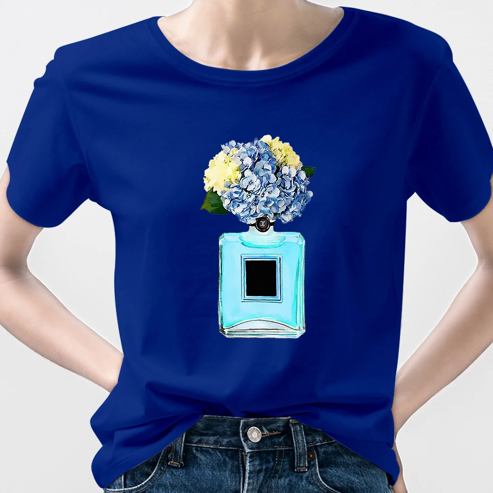 

2021 Summer New Women T Shirts Beautiful Blue Perfume Bottle Printed Short Sleeve Hip Hop Creative Style Punk Shirt Clothes