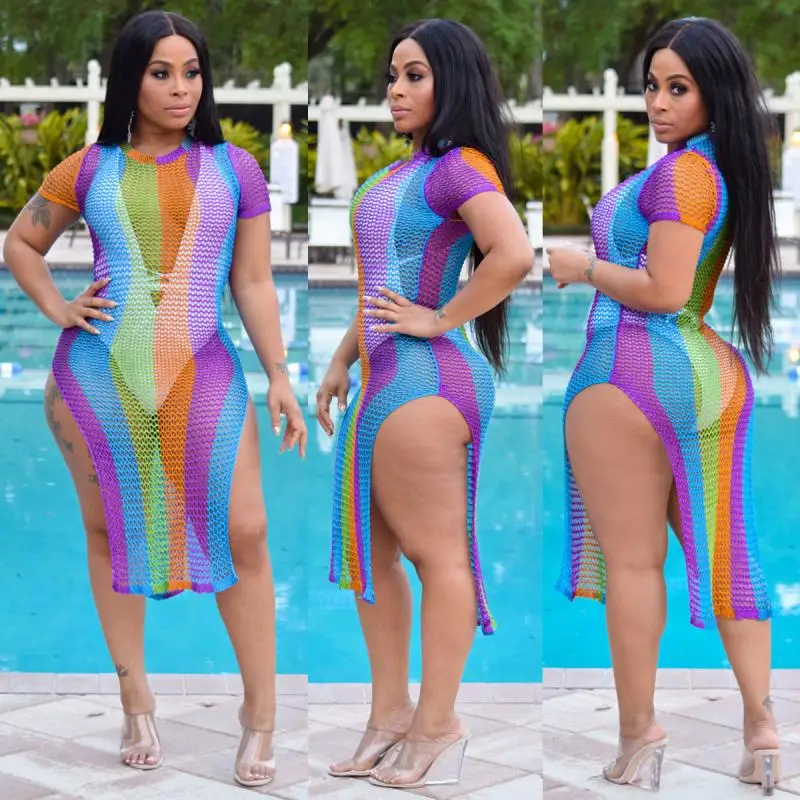

Colour Sexy Print Hollowed Out See-Through Slit Swimwears Blouse Dress
