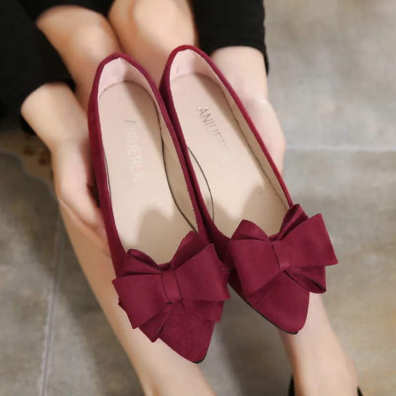 

Bowknot Pointed Flat Shoes Spring Summer Comfortable Women's Wedding Shoes Flocking Leather Solid Color Fashion Zapatos Mujer