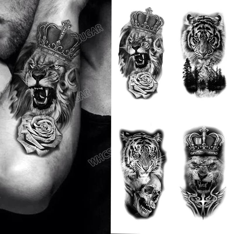 

Lion Skull Tiger Temporary Tattoo Sticker Gun Wolf Flower Waterproof Tatto Body Art Arm Fake Tatoo Men Women