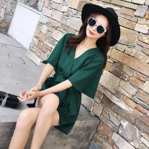 Summer V-neck High Waisted Striped Playsuit Sashes Short Sleeve Women Romper Bodysuit 2020 Jumpsuit femininas DV719 | Женская одежда
