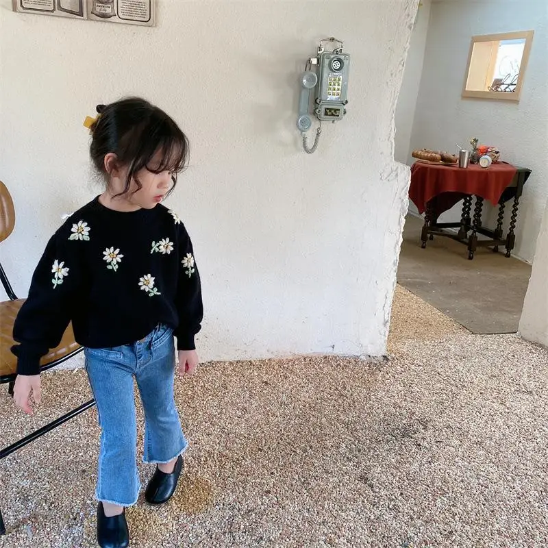 Teenmiro Kids Girls Daisy Knitwear Winter Teenager Embrodiery Flowers Pullover Sweater Toddler Knit Wear Children Knitted Tops