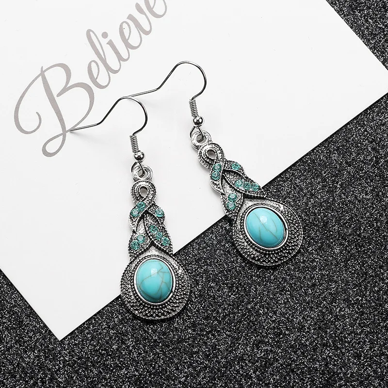 

Retro turquoise diamond drop gourd earrings Bohemian national palace style wild women