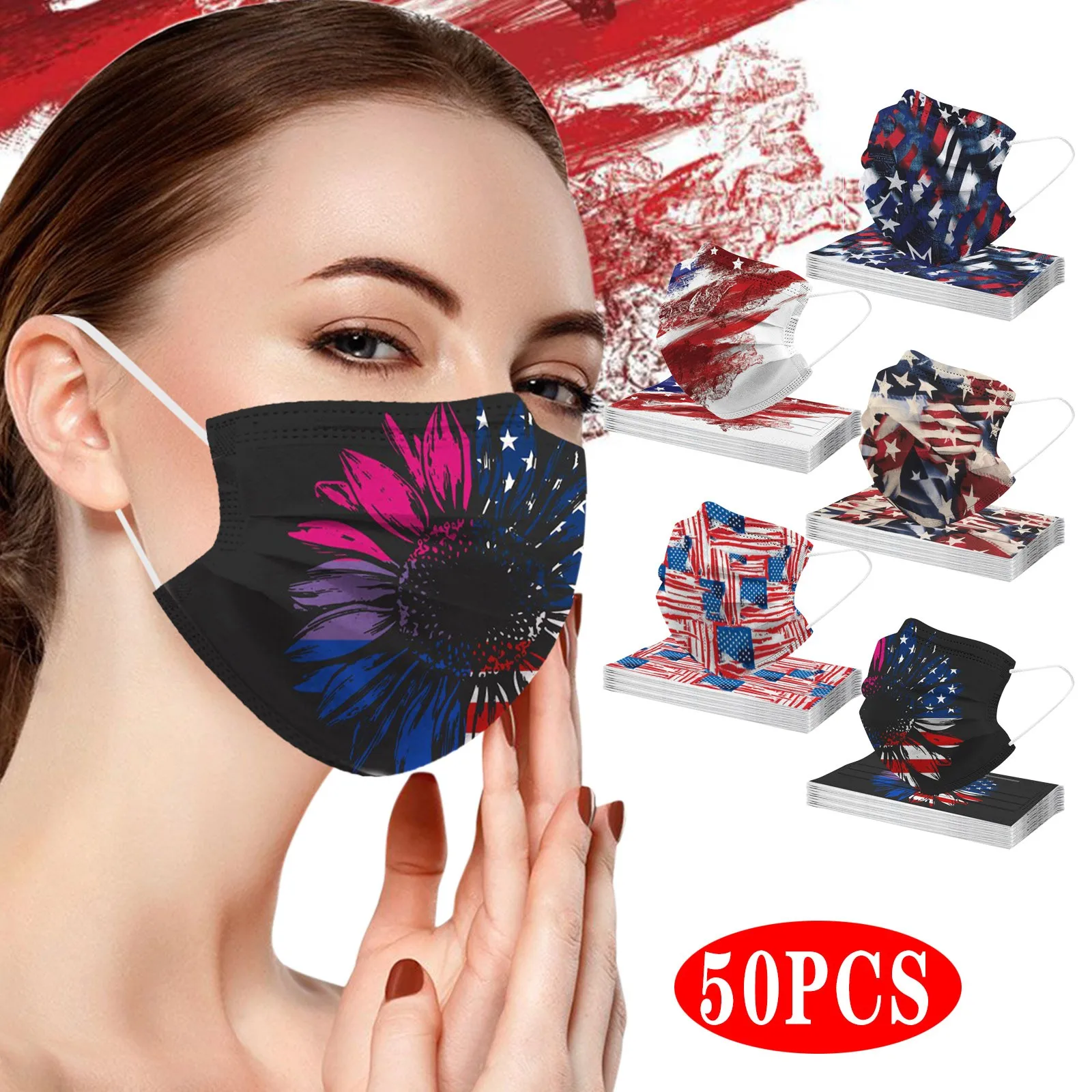 

50pc American USA Face Masks For Adult Unisex Disposable Mouth Masks 3-layers Pm2.5 Maske Independence Day No Decoration