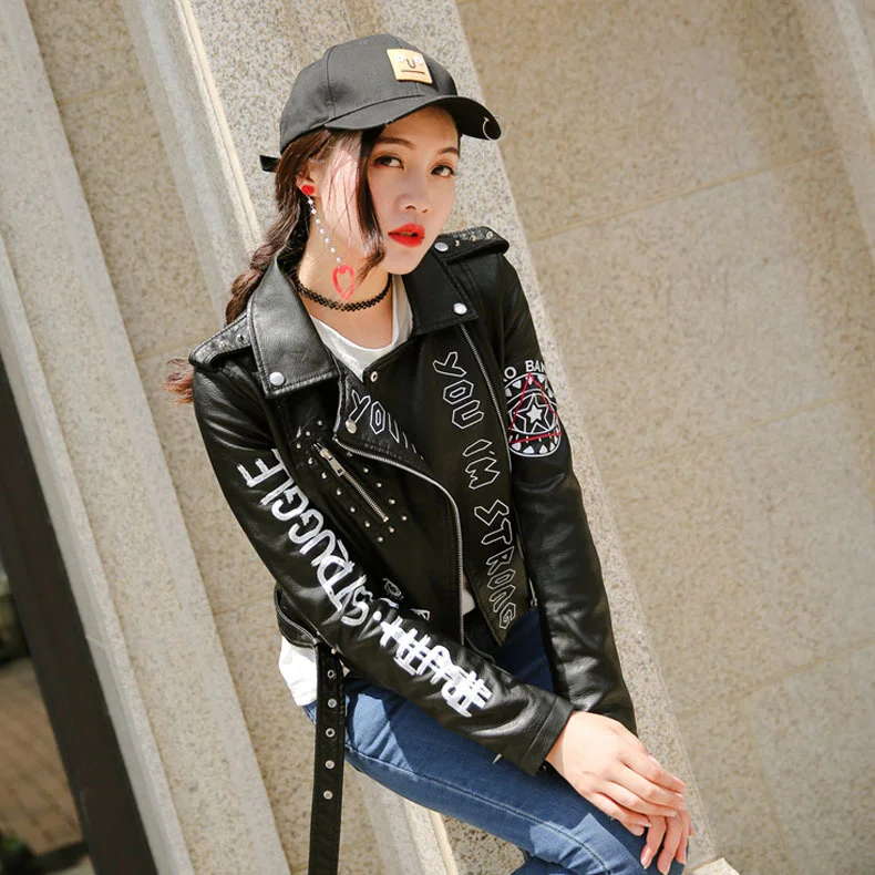 2021 new Korean leather clothes fried Street slim long sleeve zipper leather jacket printed Street coat women's wear enlarge