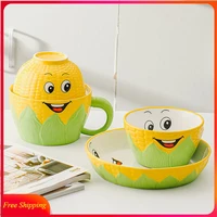 childrens tableware cartoon corn plate bowl creative instant noodle bowl ceramic lunch box with lid student noodle cup dish set