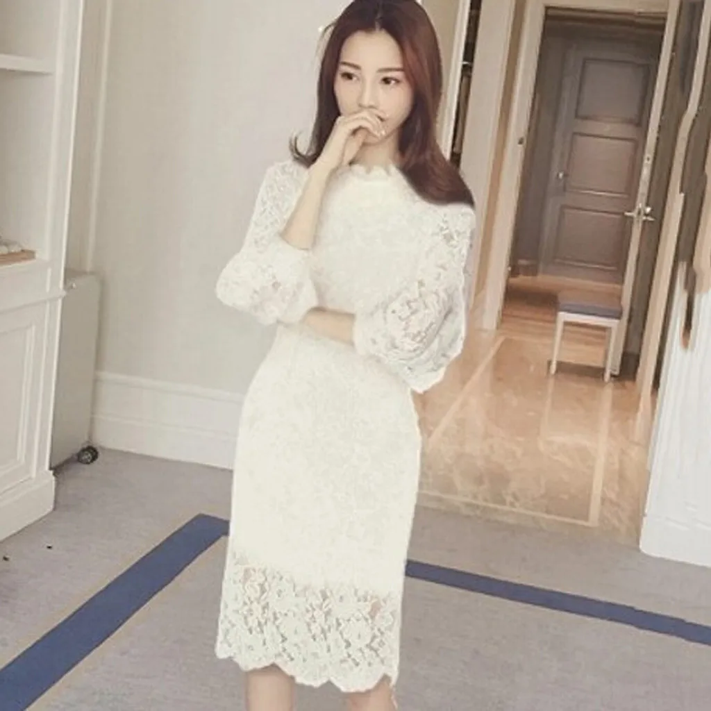 Plus Size Elegant Lace Women Dress Casual Ladies Long Sleeve O-Neck Floral Slim Mid Sexy Party Vestidos z1218# | Женская одежда