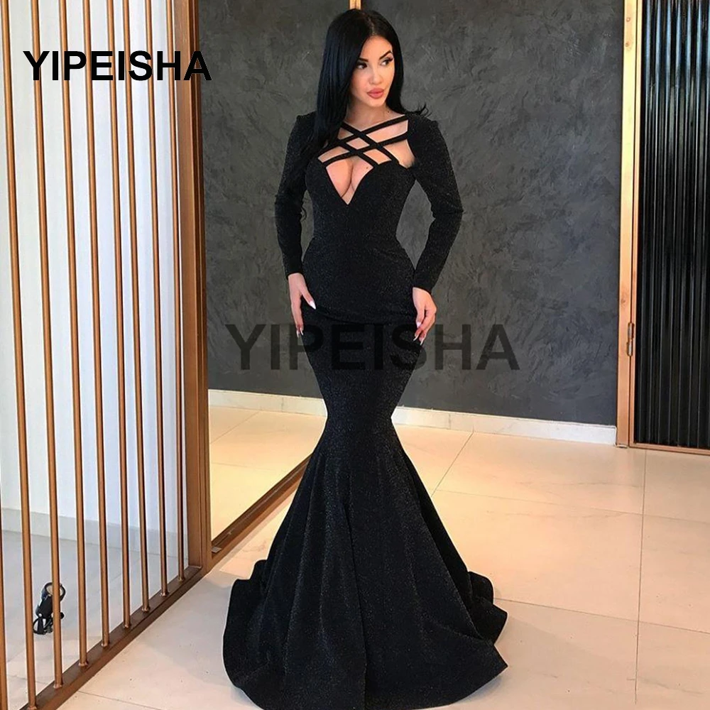

Сексуальное черное вечернее платье с перекрестными лямками, платье русалки с длинными рукавами для выпускного вечера, милое официальное пл...