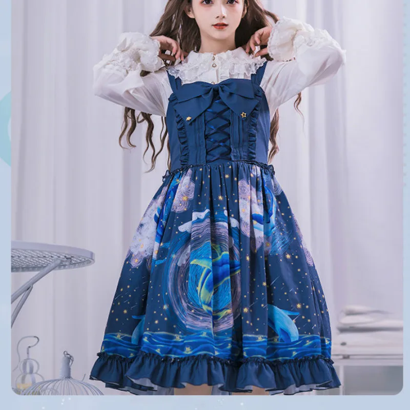 Женское платье в японском стиле Харадзюку милое голубое на бретельках В Стиле