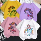 От 2 до 9 лет, новинка, летнее платье с героями мультфильмов с принтом Единорог, Футболка розового и белого цвета в стиле Харадзюку Стиль Детская футболка с короткими рукавами и с круглым вырезом