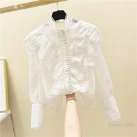 embroidered ruffled stand collar lace stitching white shirt womens 2021 spring autumn top clothing lady blouses blusas