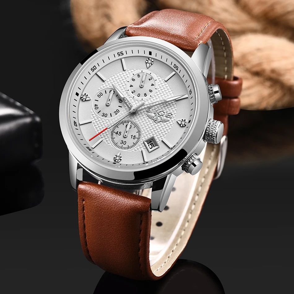 

LIGE 2020 Fashion Mens Watches Analog Quartz Wristwatch 30M Waterproof Chronograph Sport Date Leather Band Watches montre homme