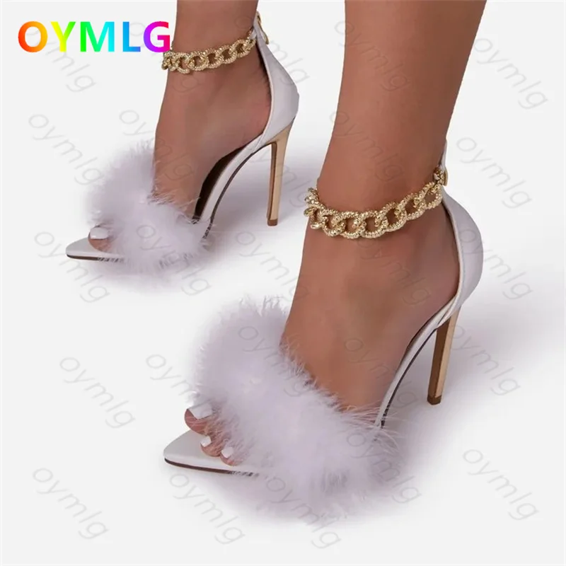 

Сандалии женские на высоком каблуке-шпильке с острым носком и цепочкой