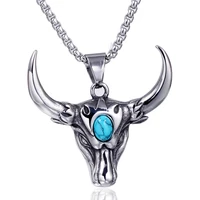 punk skull bull head pendants natural stone mens necklace stainless steel long chain gothic animal jewelry for best friend gift