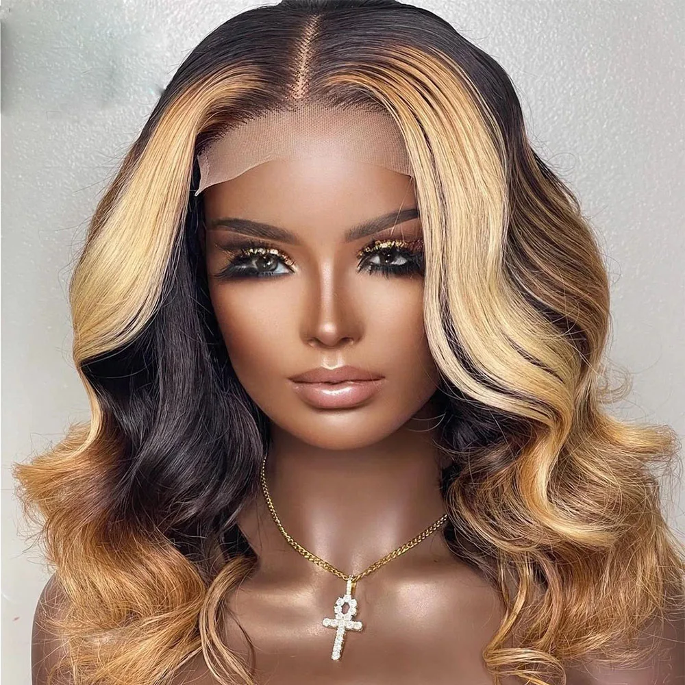 

Ombre Honey Blonde Bob Wavy 360 HD Transparent Lace Frontal Human Hair Wigs Peruvian Natural Virgin Hairline 5X5 Closure T Part