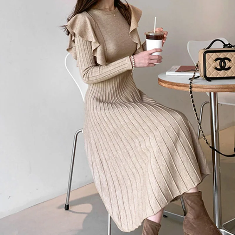 

One-Piece 2020 New Winter Dress Vintage Elegant O-Neck Female Dress Thicken Knit Long Dress Slim Ruffles Women Sweater Dresses