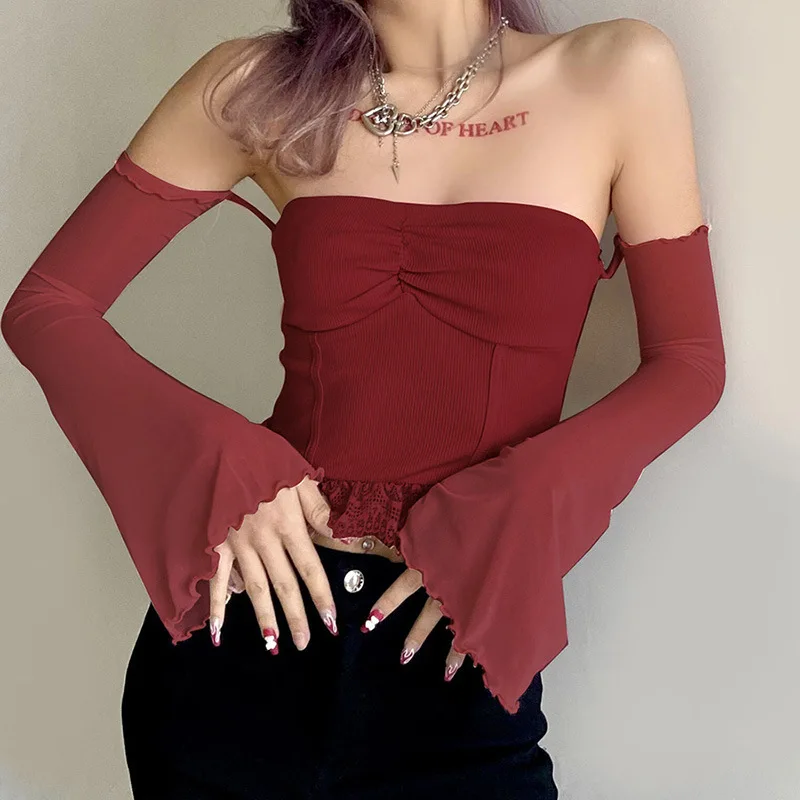 

Vintage Summer Fashion Sexy Rib Knit Lace Patchwork Women T-Shirt 2021 New Casual Wild Basic Slim Elastic Female Tee Solid