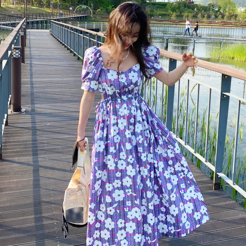 Южнокорейское шикарное винтажное платье с высокой талией и пышными рукавами в