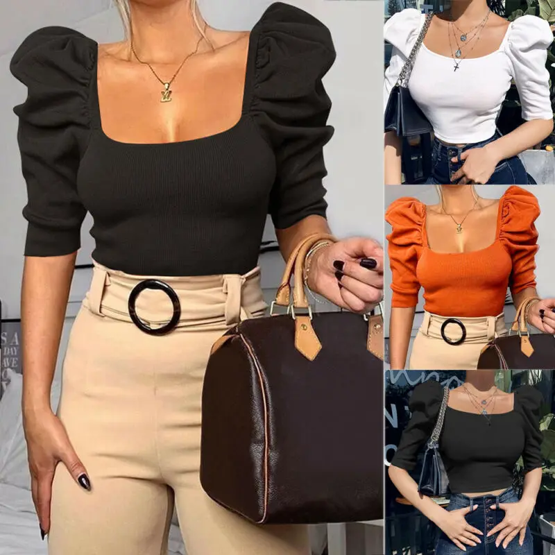 

2020 Fashion Trend Women Ruffle Puff Half Sleeve Ladies Casual Short Top Tees Solid Spring Summer New Slim Pullover T-shirts