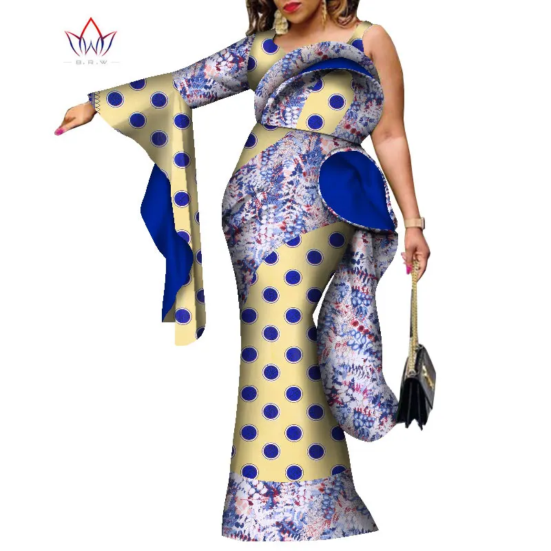 Bintarealwax Single Sleeve African Maxi Dress Bazin Riche Sexy Print Wax Long Dresses Plus Size 7XL Africa Clothing WY9105