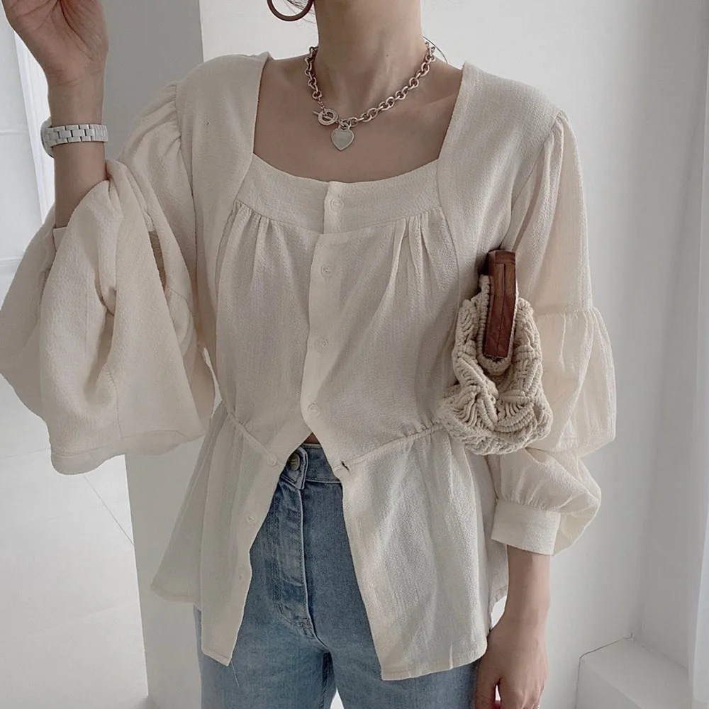 

New Autumn 2021 Women Blouse Fashion Casual Solid Color Square Collar Long Sleeve Korean Fashion Single Breasted Loose Design