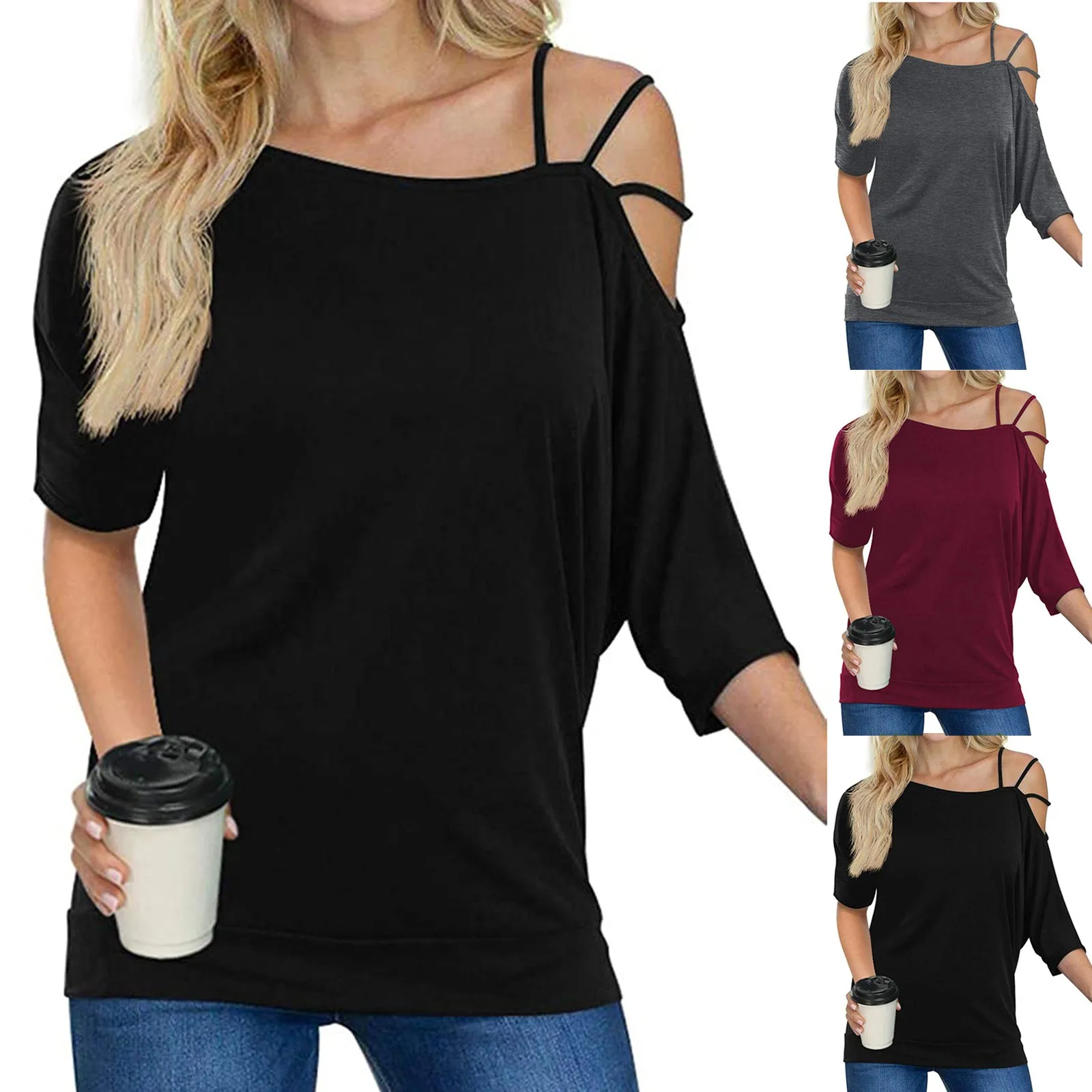 

Женская модная рубашка с открытыми плечами, блузка с рукавами на бретельках, Повседневная рубашка, топы, однотонные женские блузы, летняя но...