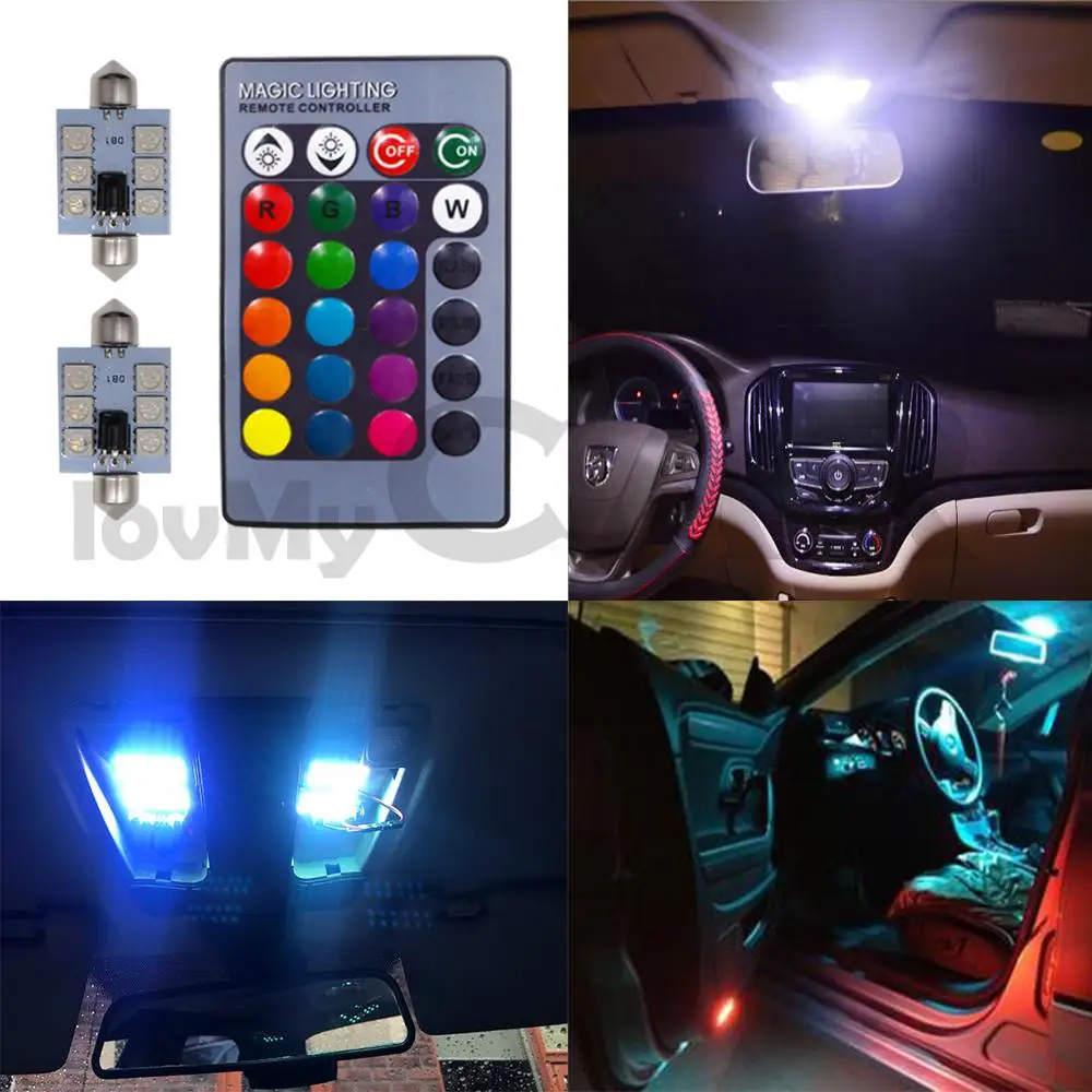 

2X C5w Car Led RGB 5050 6SMD 41mm Festoon Dome Car Door Lights Automobile Remote Controller Colorful Lamps Roof Decorative Leds