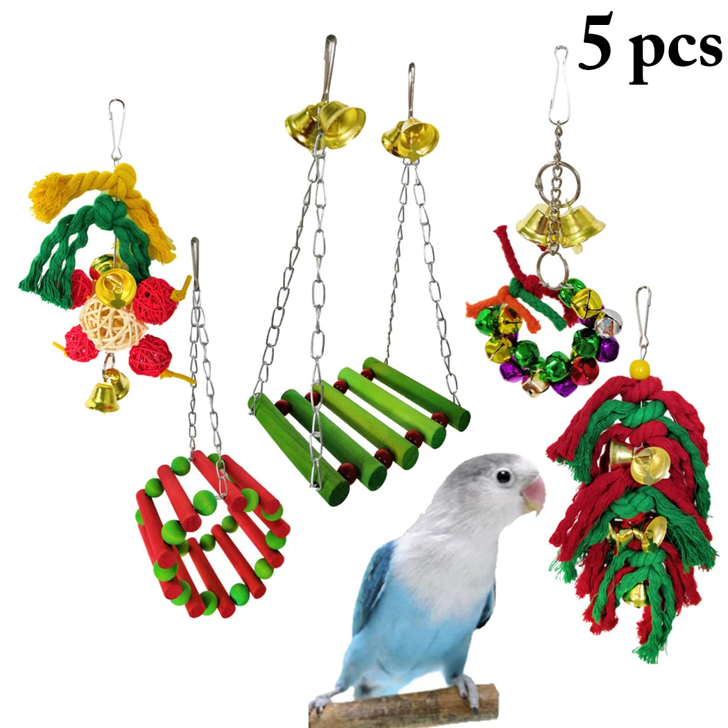 

5PCS Christmas Parrot Toys Set Creative Block Bird Chew Toy Parrot Hanging Toy With Bell Pet Training Supplies Dropshipping