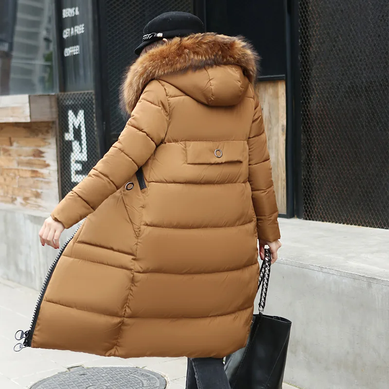 

JCHB 2021 Warm Fahsion Woman Winter Long Coats and Jackets Cotton Hooded Pockets Parka Feminina Fur Colla Woman Coats