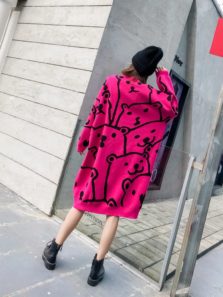 QING MO Autumn Rose Red Coffee Women Pullovers Sweater Dress 2020 Winter Warm Long Female Cartoon ZQY2158 | Женская одежда