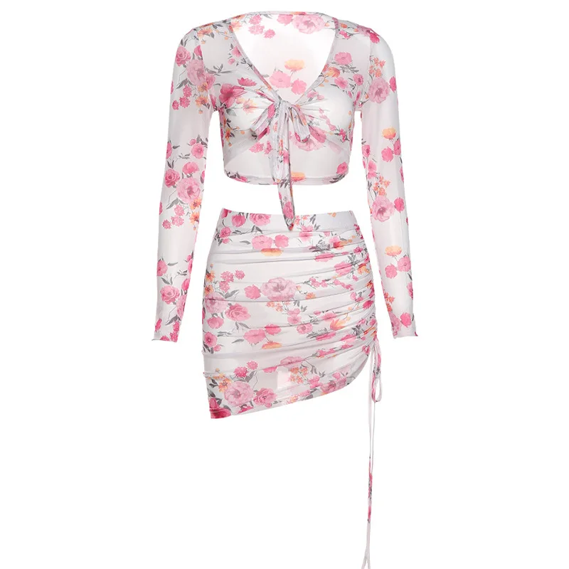 

European and American style 2021 summer new women's sexy V-neck long-sleeved T-shirt fashion printing Slim bag hip skirt suit