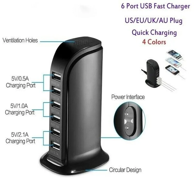 USB Зарядное устройство 30W 6 Порты Мощность адаптер быстрой зарядки станции