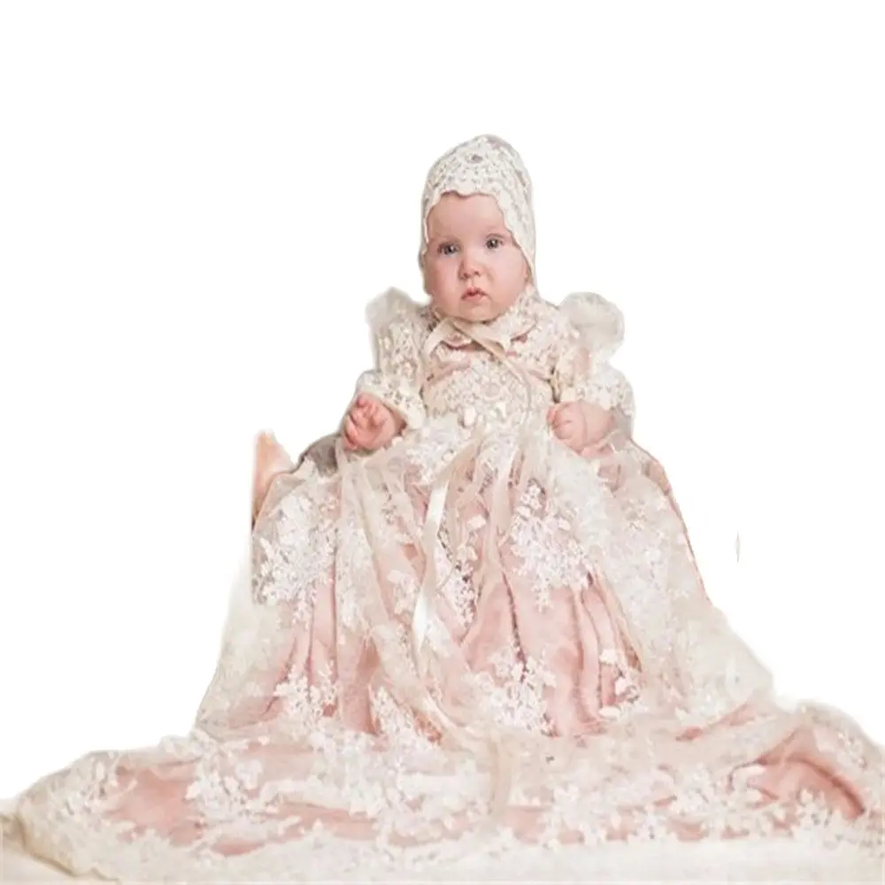 

New Baby Girls Christening Gown Baptism Dress Infant Toddler Clothes Lace Applique Blush Heirloom Gown set with Headpiece