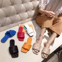new sexy pu weave square head peep toe flat with slippers summer fashion slip on slides women mules party shoes