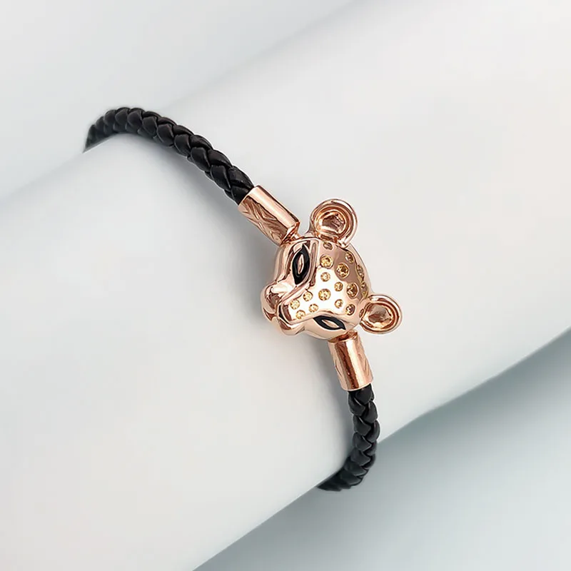 

Authentic 925 Sterling Silver Pan Bracelet Creative Black Leather Shining Lion Princess Bracelet Fit Diy Charm Women Jewelry