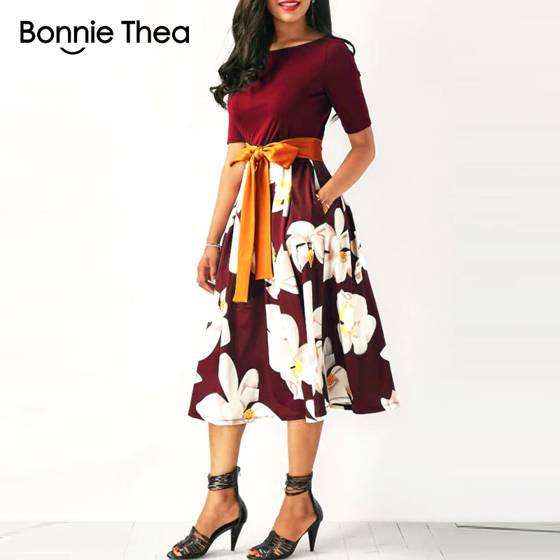 Bonnie Thea женское летнее и осеннее синее платье с принтом женское офисное элегантное платье с цветочным принтом больших размеров вечерние длинные большие платья