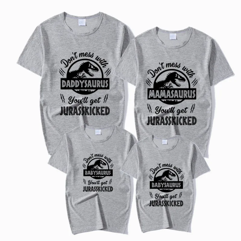 Don't Mess with Saurus You'll Get Jurasskicked Print Matching Outfits T-Shirt Mommy Daddy Baby Family Clothes Child | Мать и