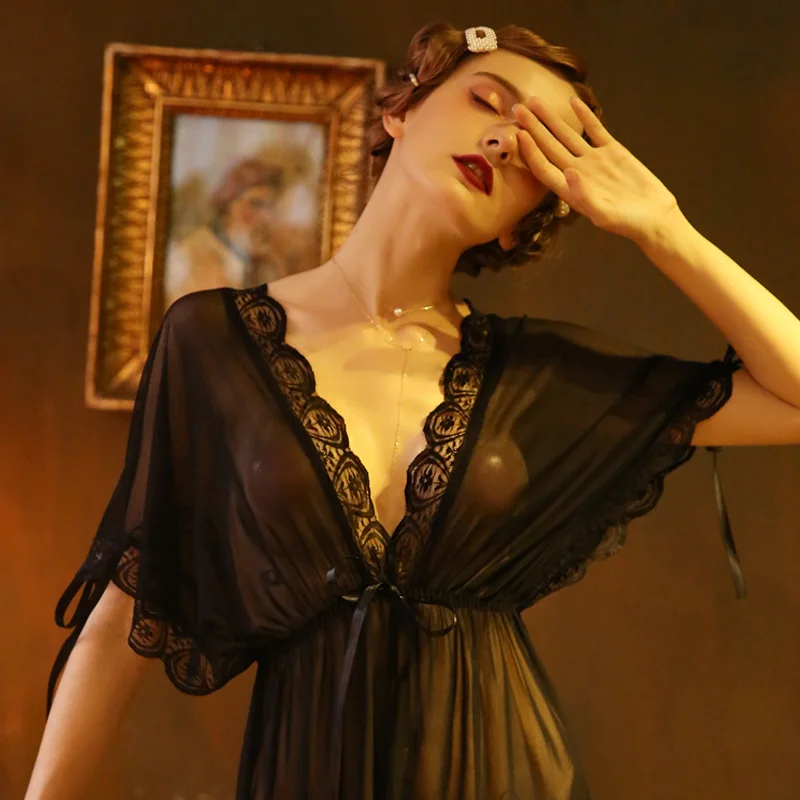 

Oversize Ladies Lingerie Deep V Lace Temptation Maid Uniform Mesh Loose Night Dress Nighties Nightgown Summer Women Sleepwear