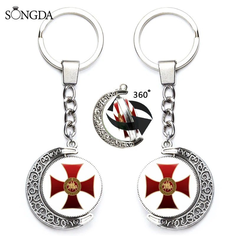 

Fashion Keychain Knights Templar Cross Glass 360 Degrees Rotated Moon Pendant Crusader Solomon Man Metal Masonic Sign Key Ring