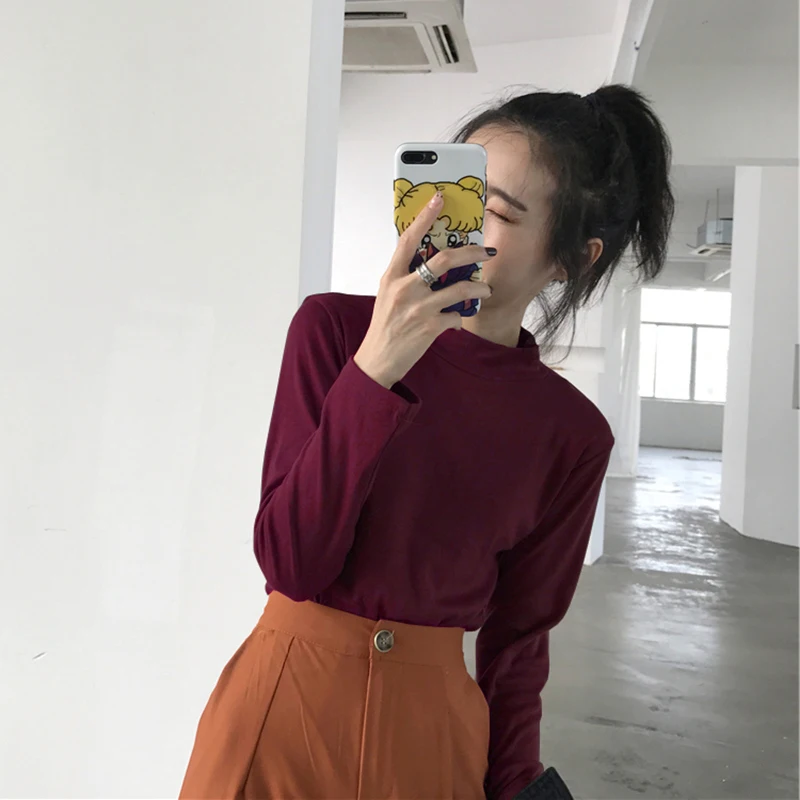 Базовая рубашка с высоким воротником тонкая универсальная Осенняя футболка в