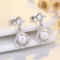 new fashion elegant wedding stud earrings fan crystal paved imitation pearl charm dangle earring piercing stud jewelry for women