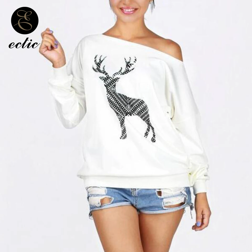 На Одно Плечо Свитшот Спортивная Кофта Рождества Косая Шея Олень Принт Худи