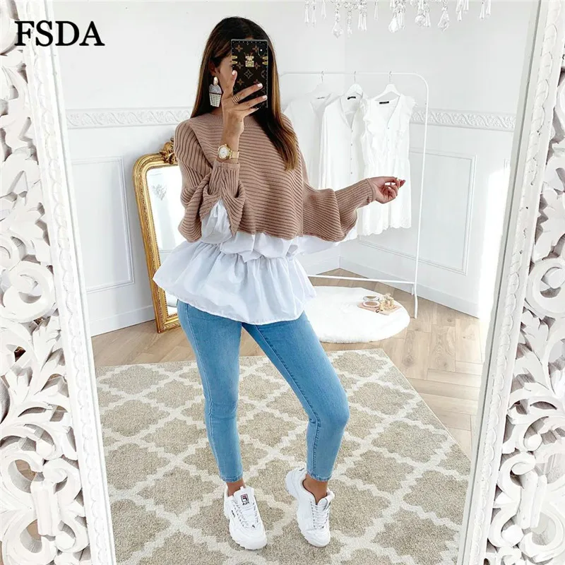 FSDA с длинным рукавом в стиле пэчворк с круглым вырезом Повседневная Толстовка для женщин осень зима толстовки свободные Элегантные вязаные серый розовый