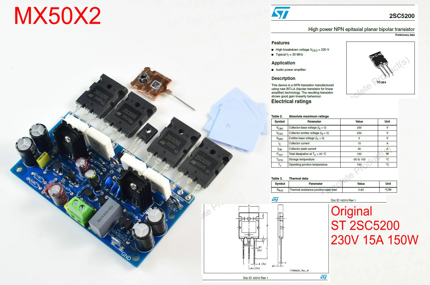 Стерео усилитель мощности 2pcs HiFi MX50X2 двухканальный 200W8R ST 2SC5200 односторонний
