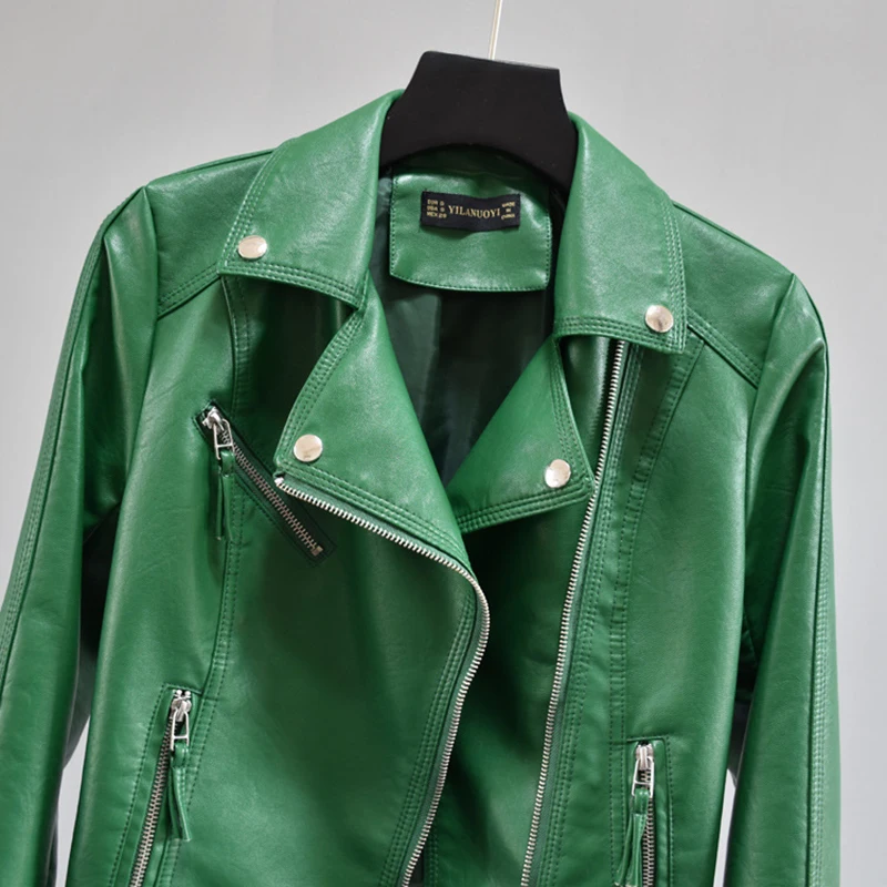 

SHENGPALAE Green Streetwear PU Leather Jacket Women's Autumn 2021 New Laple Slim Zipper Long Sleeve Yellow Short Leather Jacket