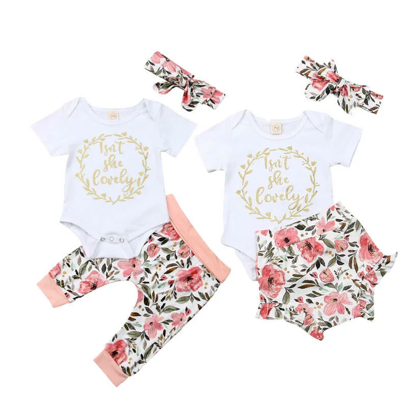 

Brand New Baby Girls Floral Clothes Set 2020 Spring Summer Infant Toddler Girl Short Sleeve Bodysuit Jumpsuit Pants Outfits 2pcs