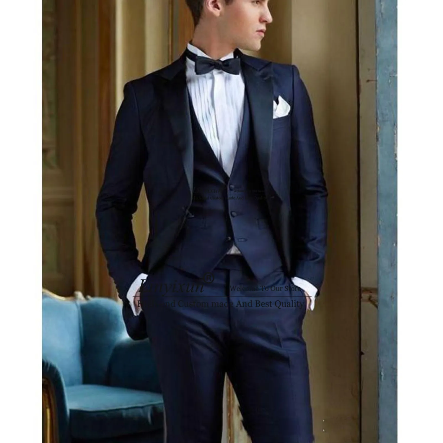 

Tailor Made Navy Blue Italian Wedding Tuxedos for Man Slim Fit Groom Wear 3 Pieces Suits Blazer Set (Jacket Vest+Pants)