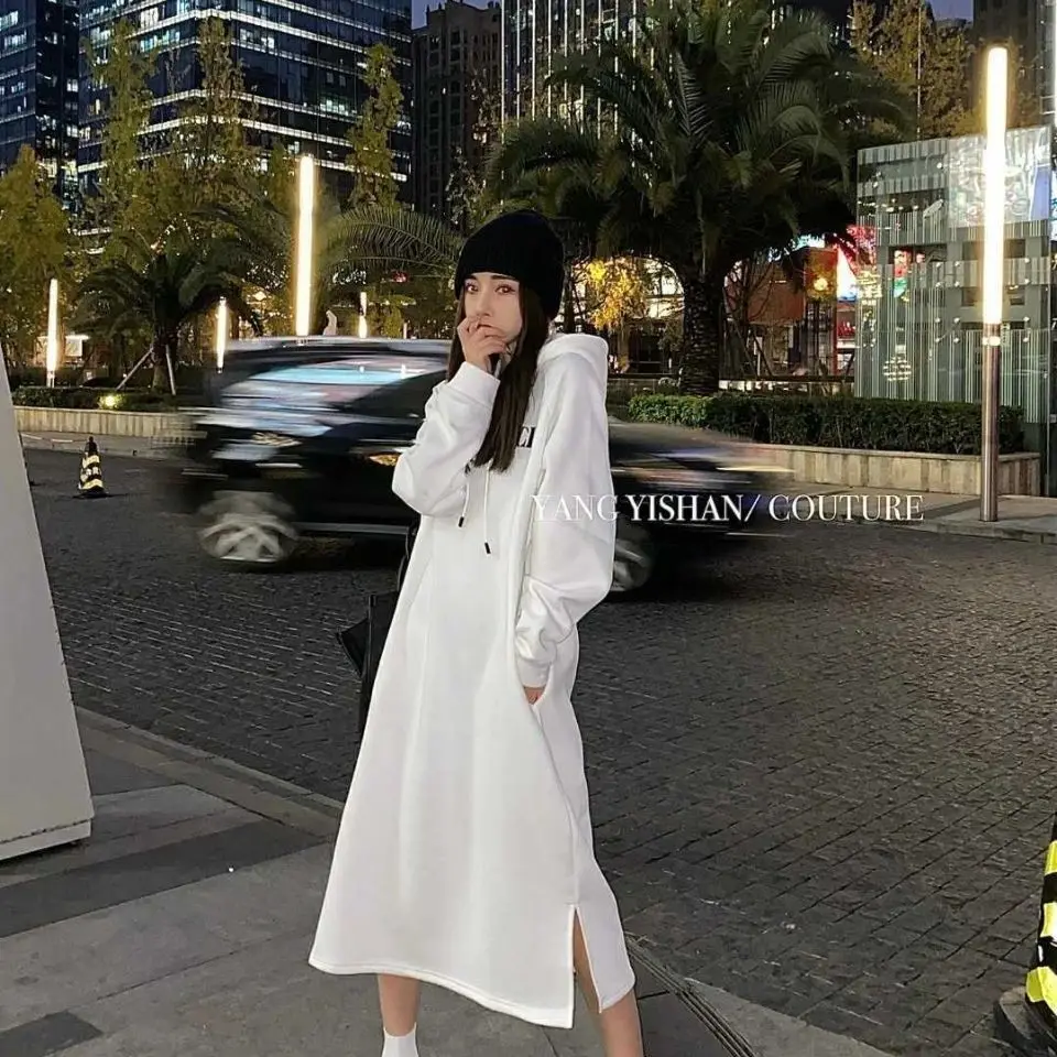 

Woman Dress Long Sleeve Solid Color Jumper Pullover Sweatshirt Hoodie Solid Hooded Dresses Simplicity All-Match Dress