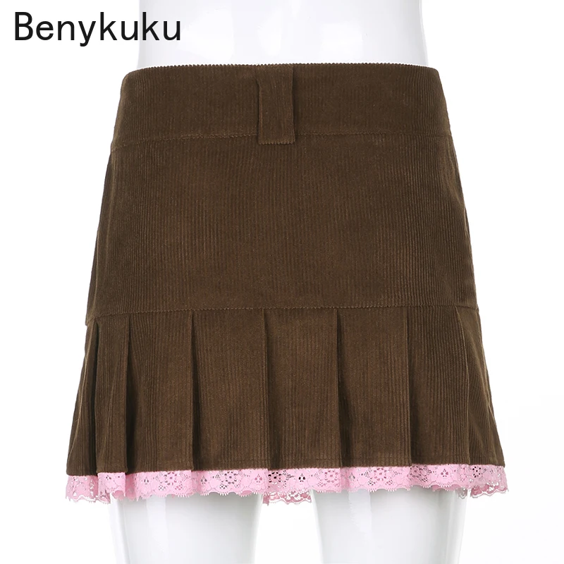 

Brown Corduroy Y2K Pleated Skirts Women Vintage 90s Aesthetic School Girl Mini Skirt Lace Trim Hem Cute Kawaii Female Clothes