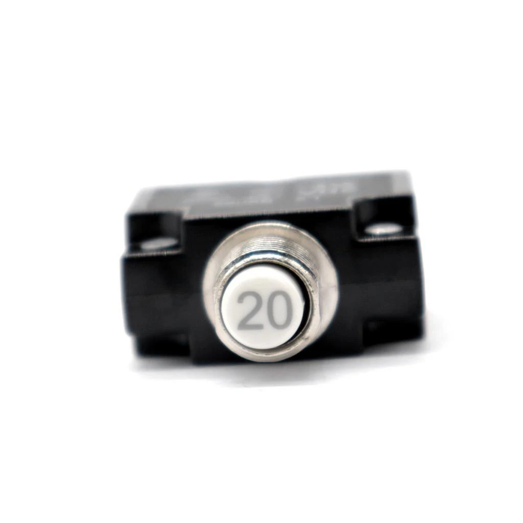 

20 Amp Push Button Circuit Breaker 50V DC or 250V AC, Mounts in 3/8 inch (10 mm) Round Hole, Black Button Cap